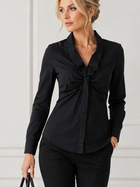 White House Black Market Black Ruched Ruffle Front Blouse Size 4